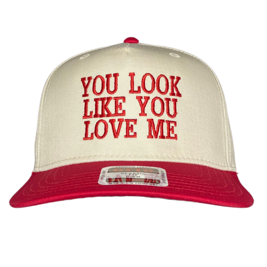 1 You Look Like You Love Me Embroidered Snapback Trucker Hat - Cream / Red