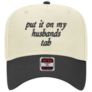 12 Put It On My Husband's Tab Embroidered Snapback Trucker Hat - Cream / Black