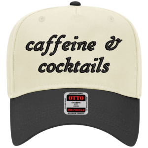 7 Caffeine & Cocktails Embroidered Snapback Trucker Hat - Cream / Black