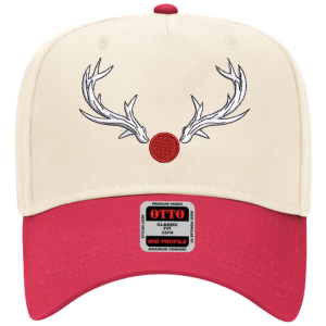 Red Nose Reindeer Embroidered Snapback Trucker Hat - Cream / Red