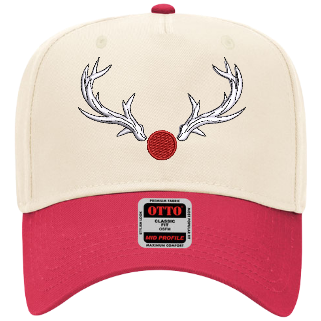 Red Nose Reindeer Embroidered Snapback Trucker Hat - Cream / Red