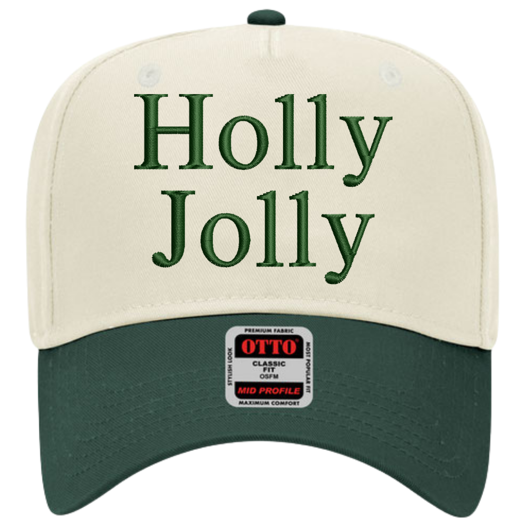 Holly Jolly Embroidered Snapback Trucker Hat - Cream / Hunter Green