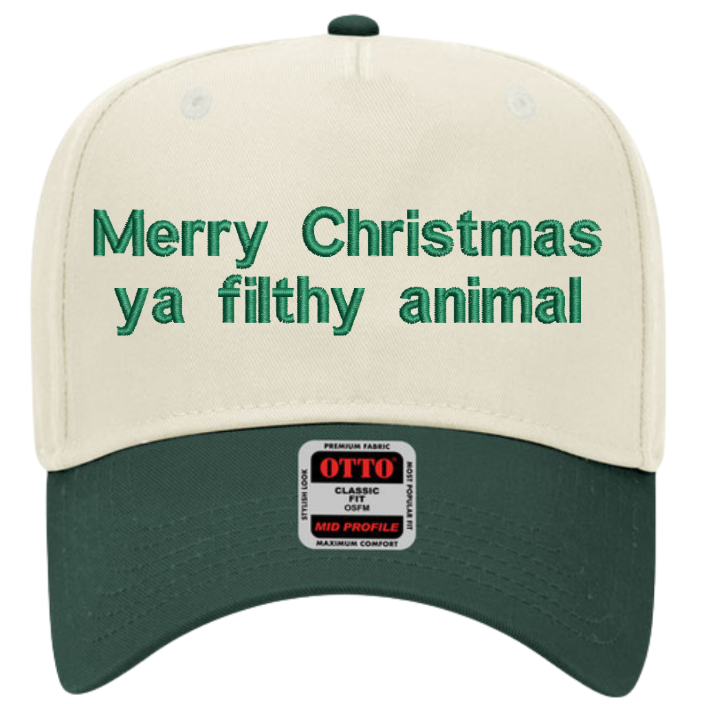 Funny Christmas Quote Embroidered Snapback Trucker Hat - Cream / Hunter Green