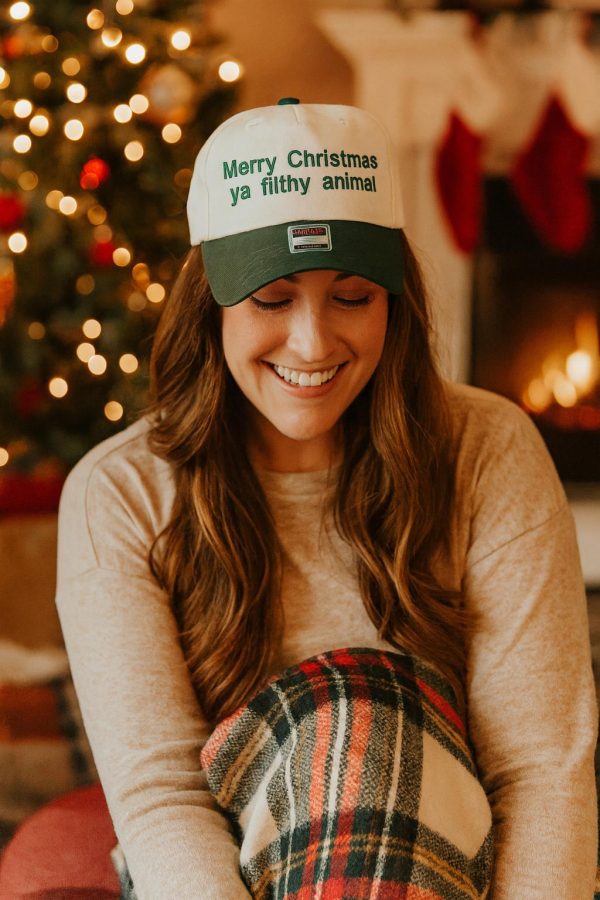 Funny Christmas quote embroidered snapback trucker hat in cream and hunter green