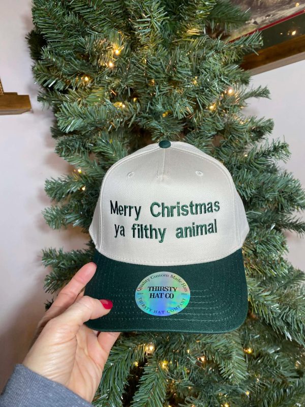 Funny Christmas quote embroidered snapback trucker hat in cream and hunter green