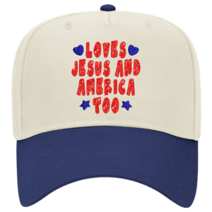 Loves Jesus and America Too embroidered patriotic hat with cream front, royal blue bill, red lettering, and blue hearts and stars.